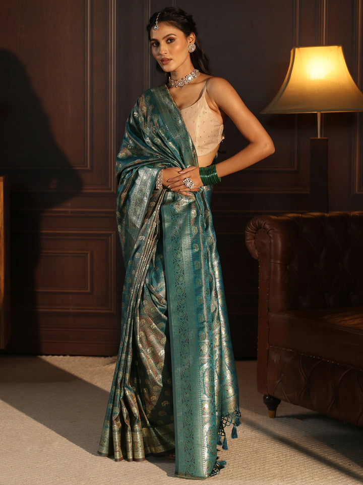 Libas Sea Green Banarasi Silk Blend Tassel Saree