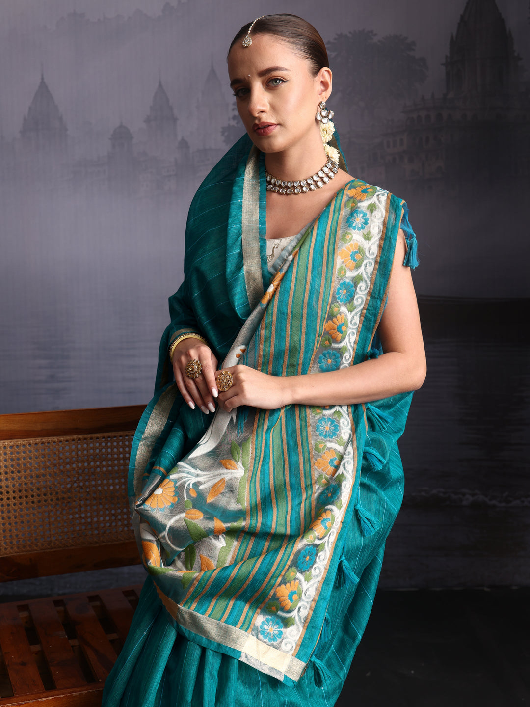 Libas Sea Green Cotton Blend Saree with Floral Woven Design Pallu