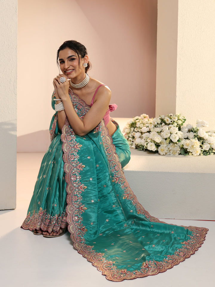 Libas Sea Green Embellished Silk Blend Saree