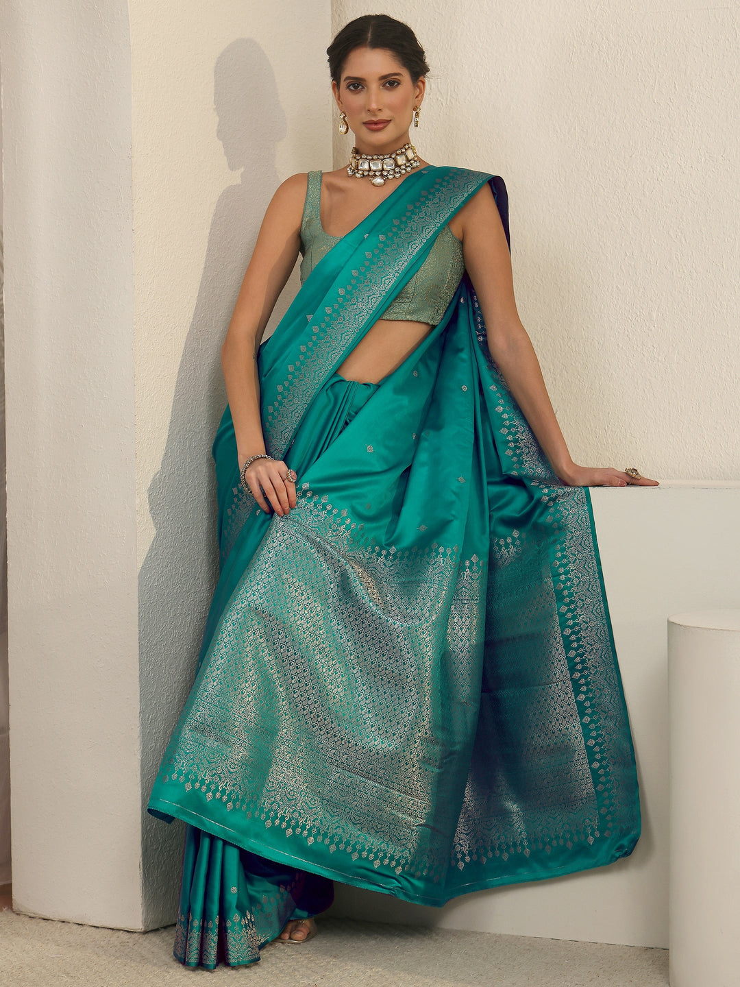 Libas Sea Green Embellished Woven Design Satin Saree