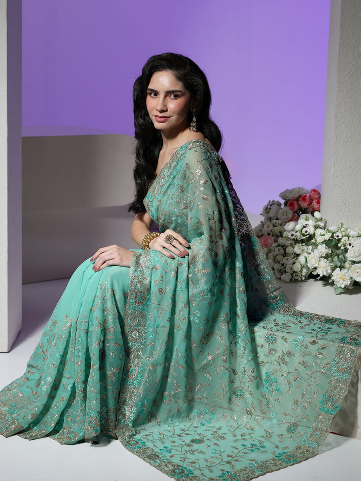 Libas Sea Green Floral Embroidered Chiffon Saree