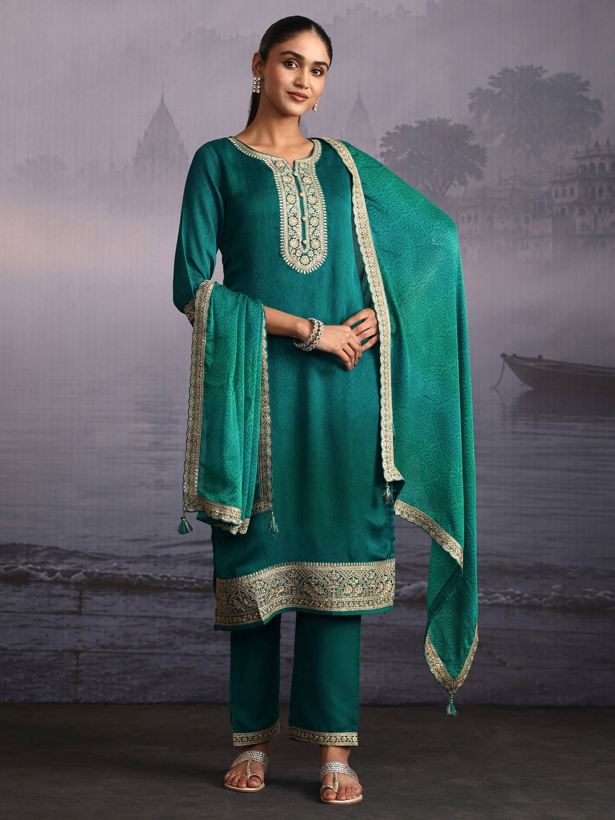 Libas Black Embroidered Georgette Straight Sharara Suit Set With Dupatta