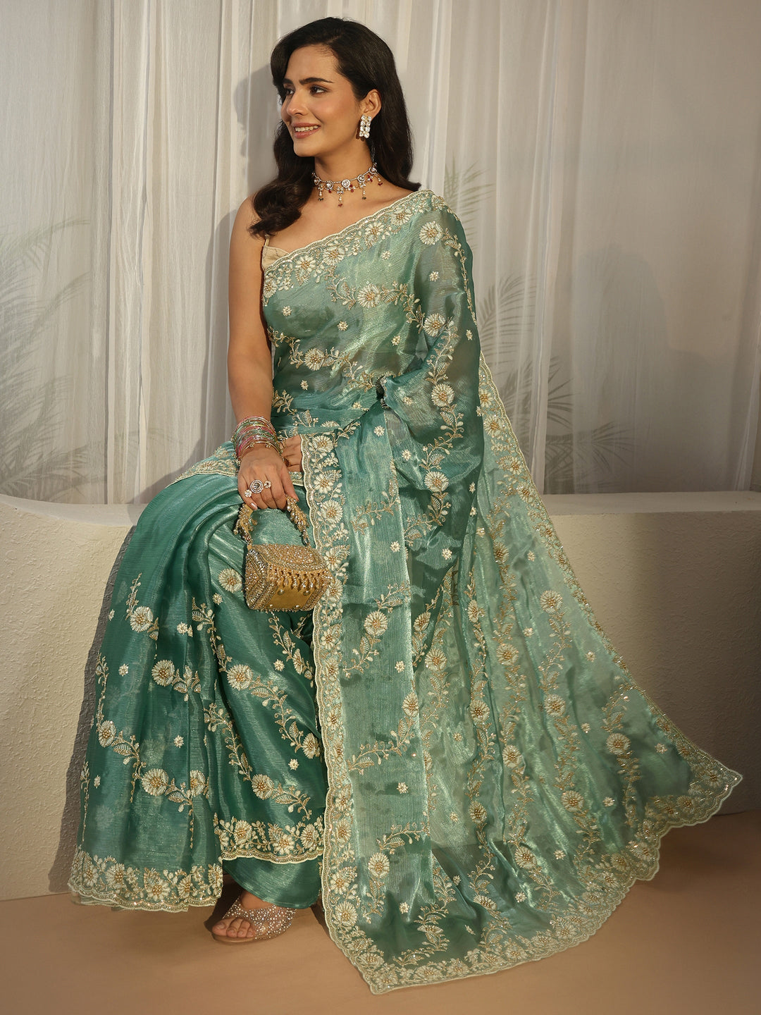 Libas Sea Green Floral Embroidered Tissue Saree
