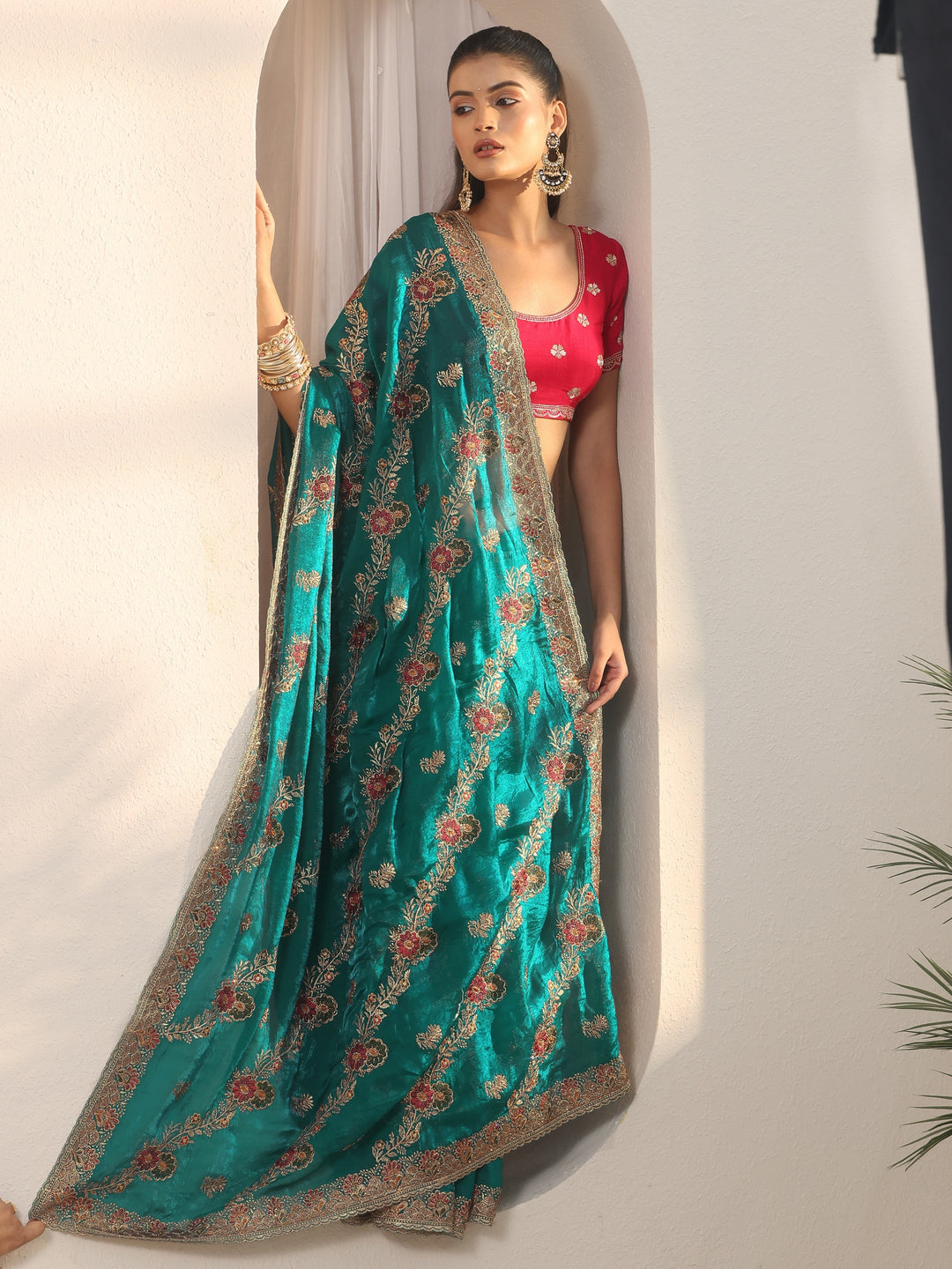 Libas Sea Green Floral Embroidered Tissue Saree
