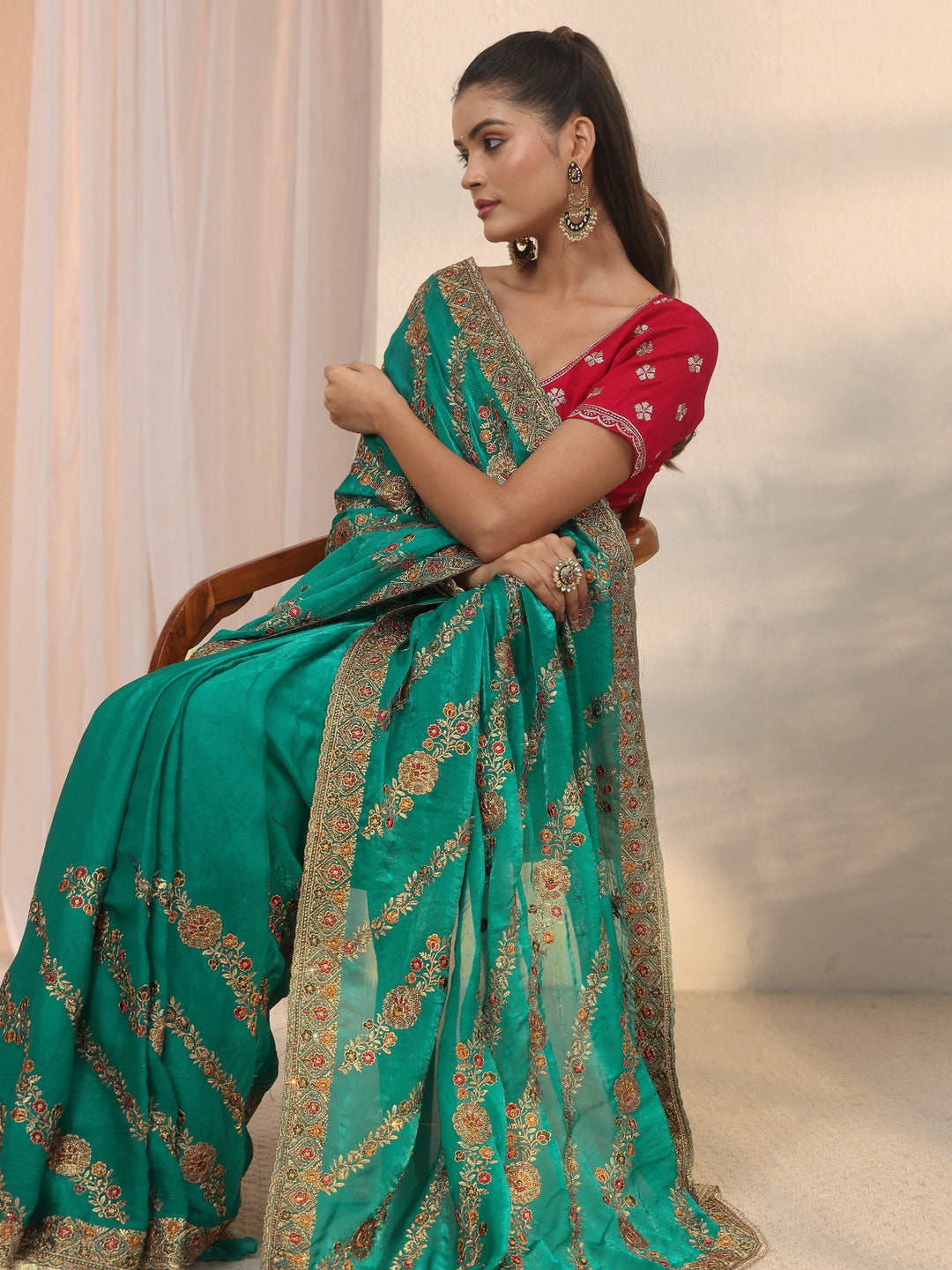 Libas Sea Green Floral Embroidered Tissue Saree