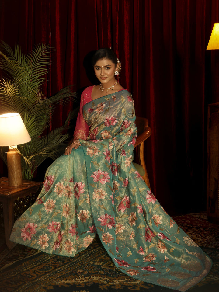 Libas Sea Green Floral Printed Organza Saree