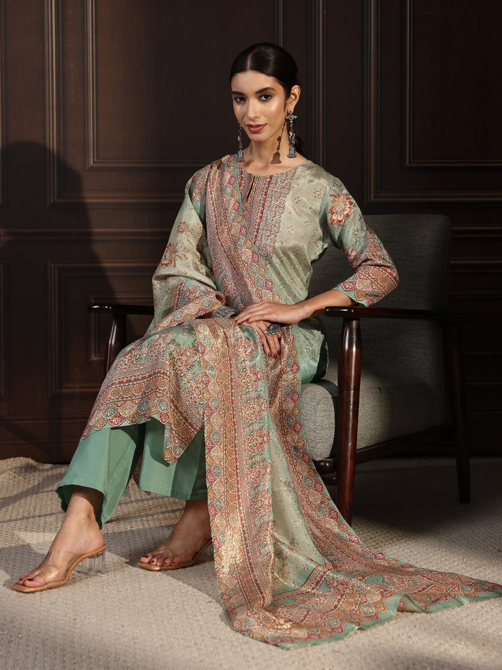 Libas Sea Green Floral Printed Silk Blend Straight Suit Set