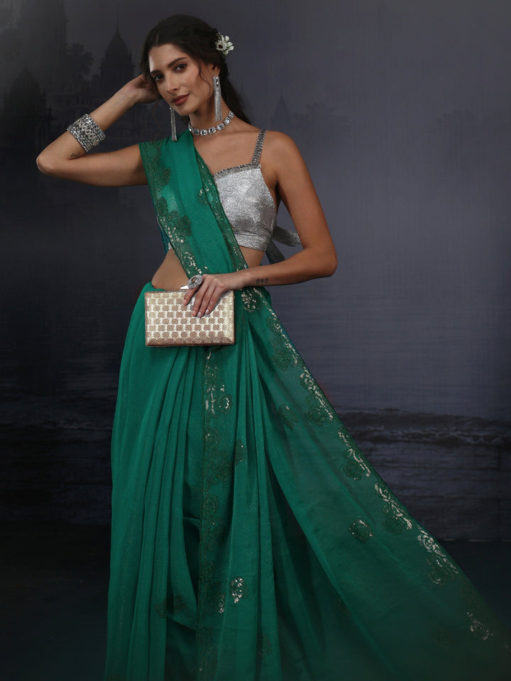 Libas Sea Green Floral Sequin Embellished Tissue Saree