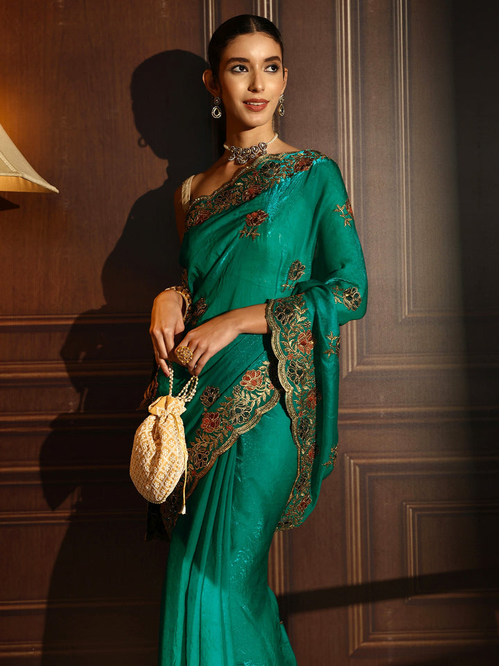 Libas Sea Green Floral Stone Work Embellished Tissue Saree