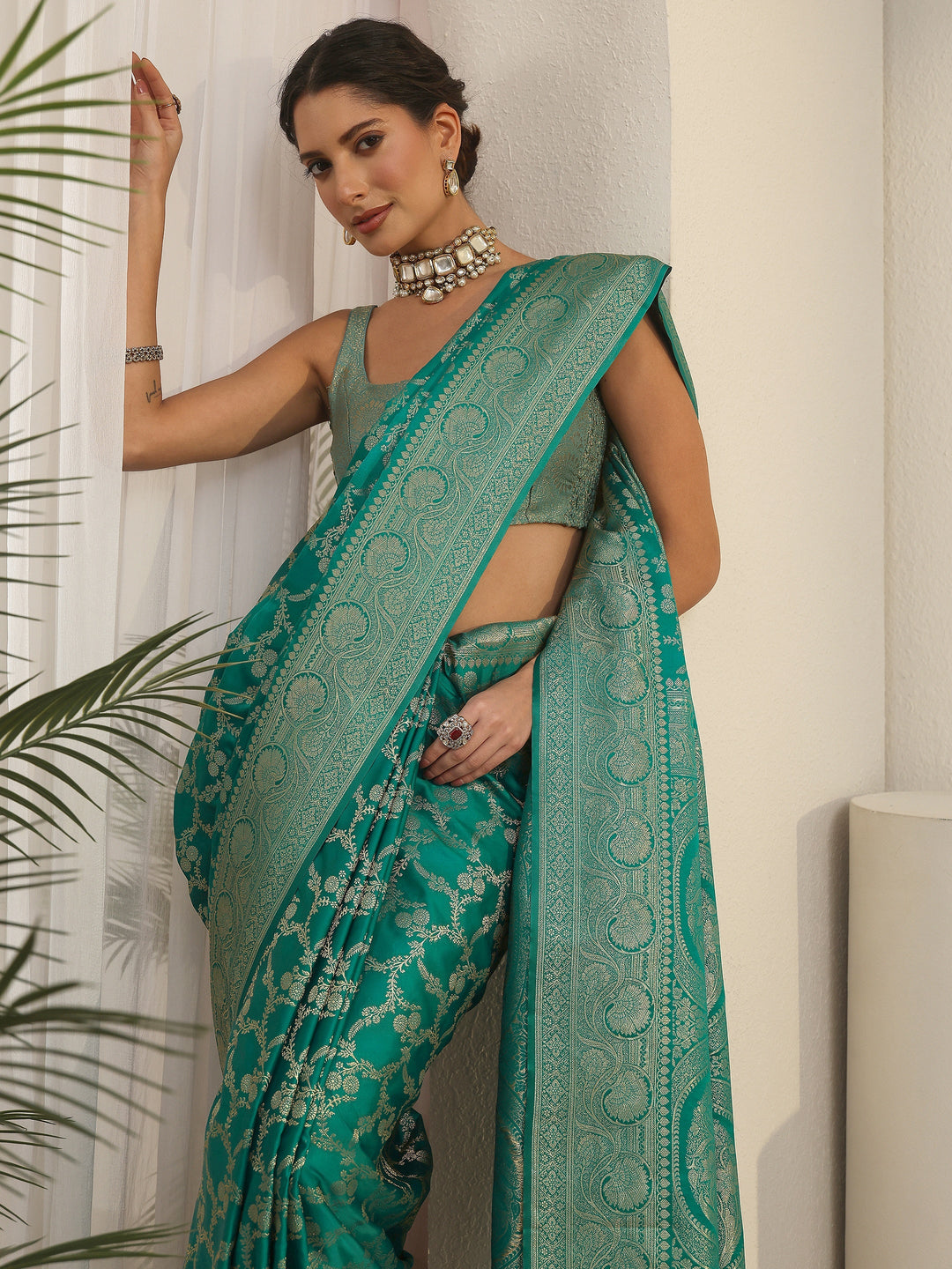 Libas Sea Green Floral Woven Design Brocade Saree