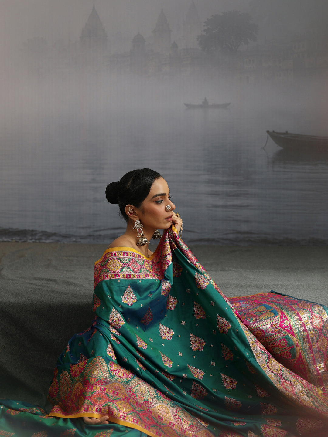 Libas Sea Green Floral Woven Design Satin Saree