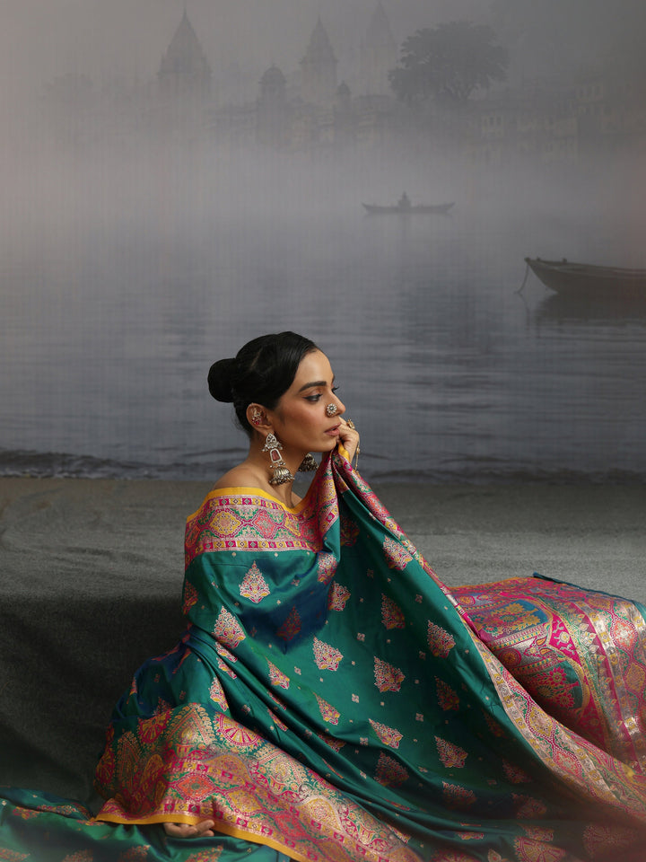 Libas Sea Green Floral Woven Design Satin Saree