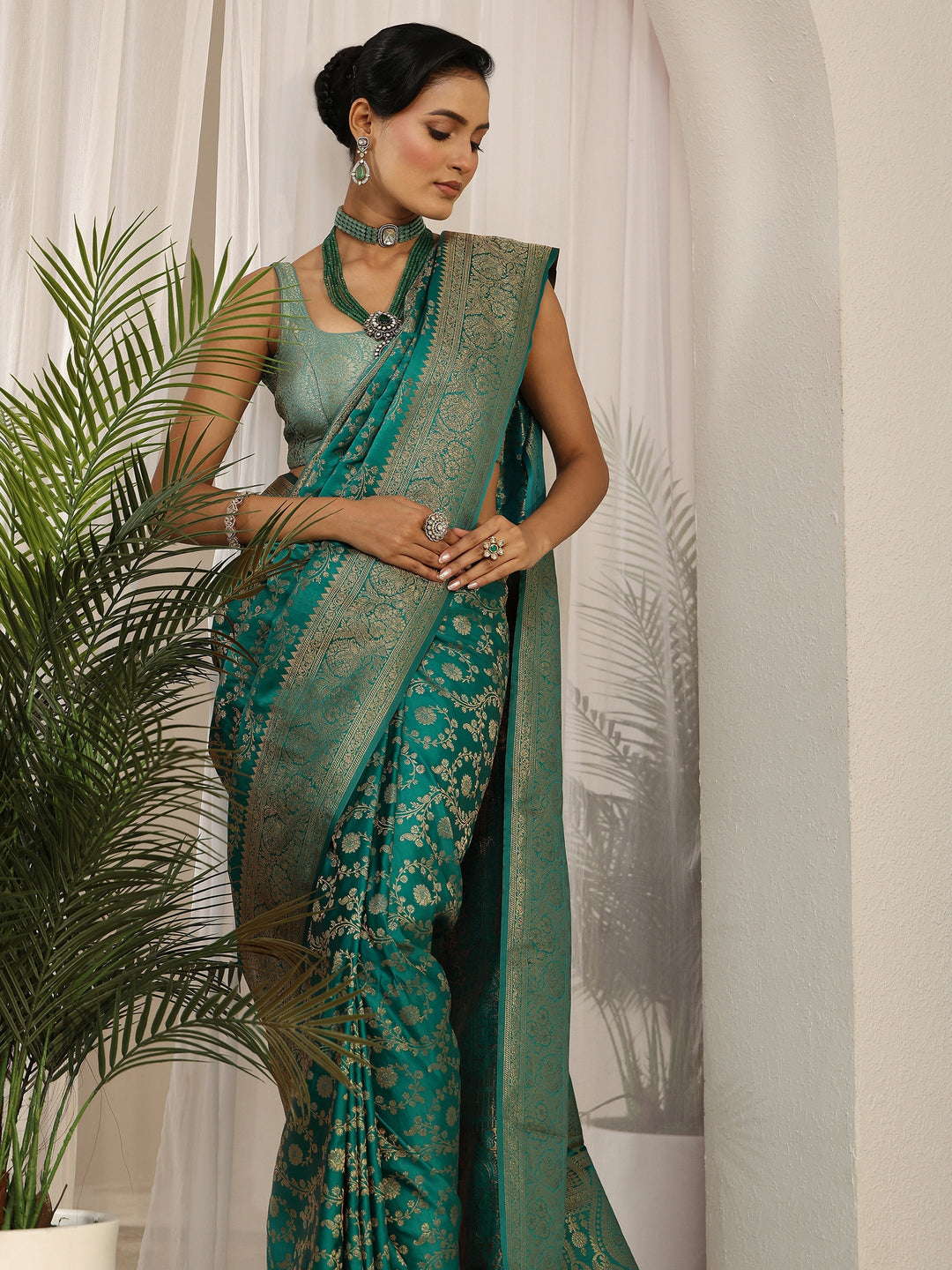 Libas Sea Green Floral Woven Design Silk Blend Saree