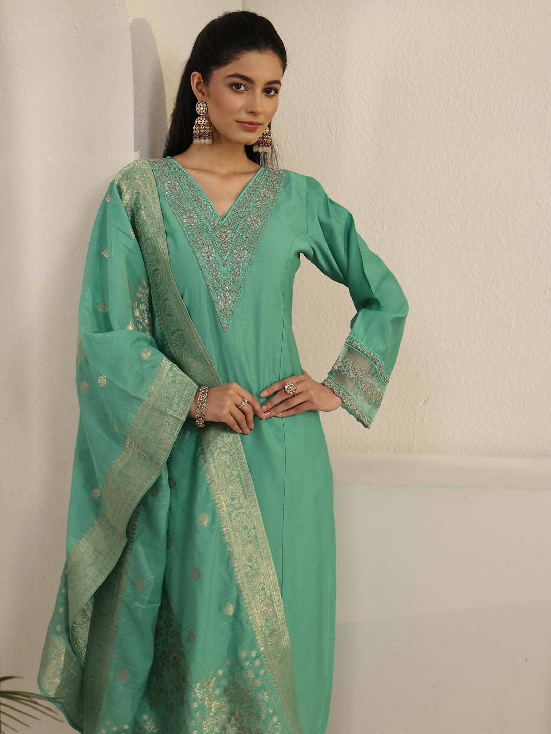 Libas Sea Green Floral Yoke Silk Blend Straight Suit Set