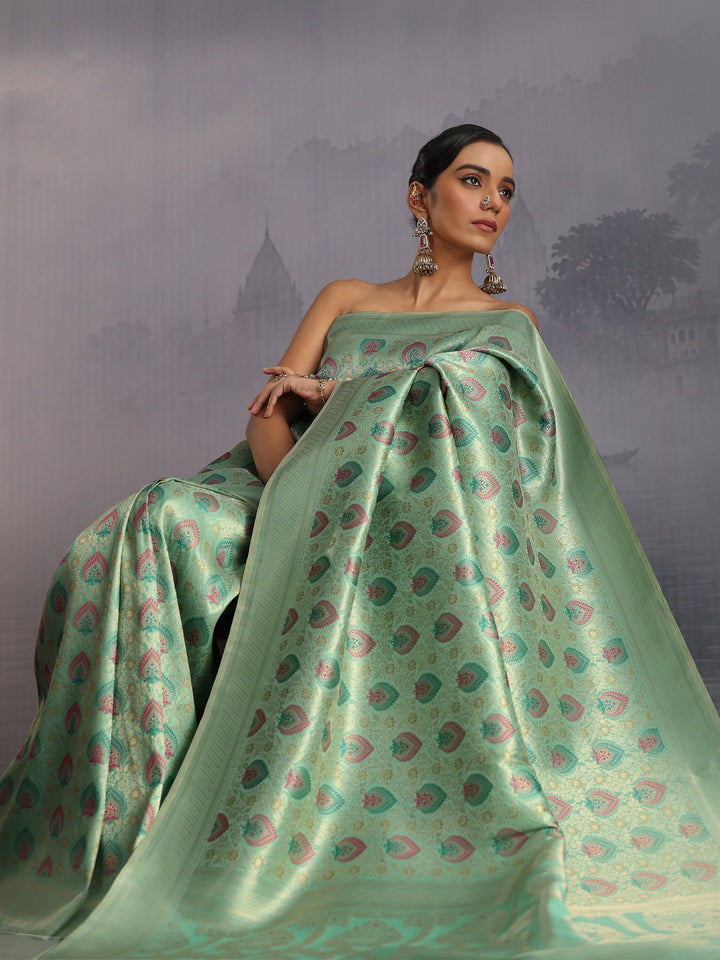Libas Sea Green Mughal Woven Design Silk Blend Saree