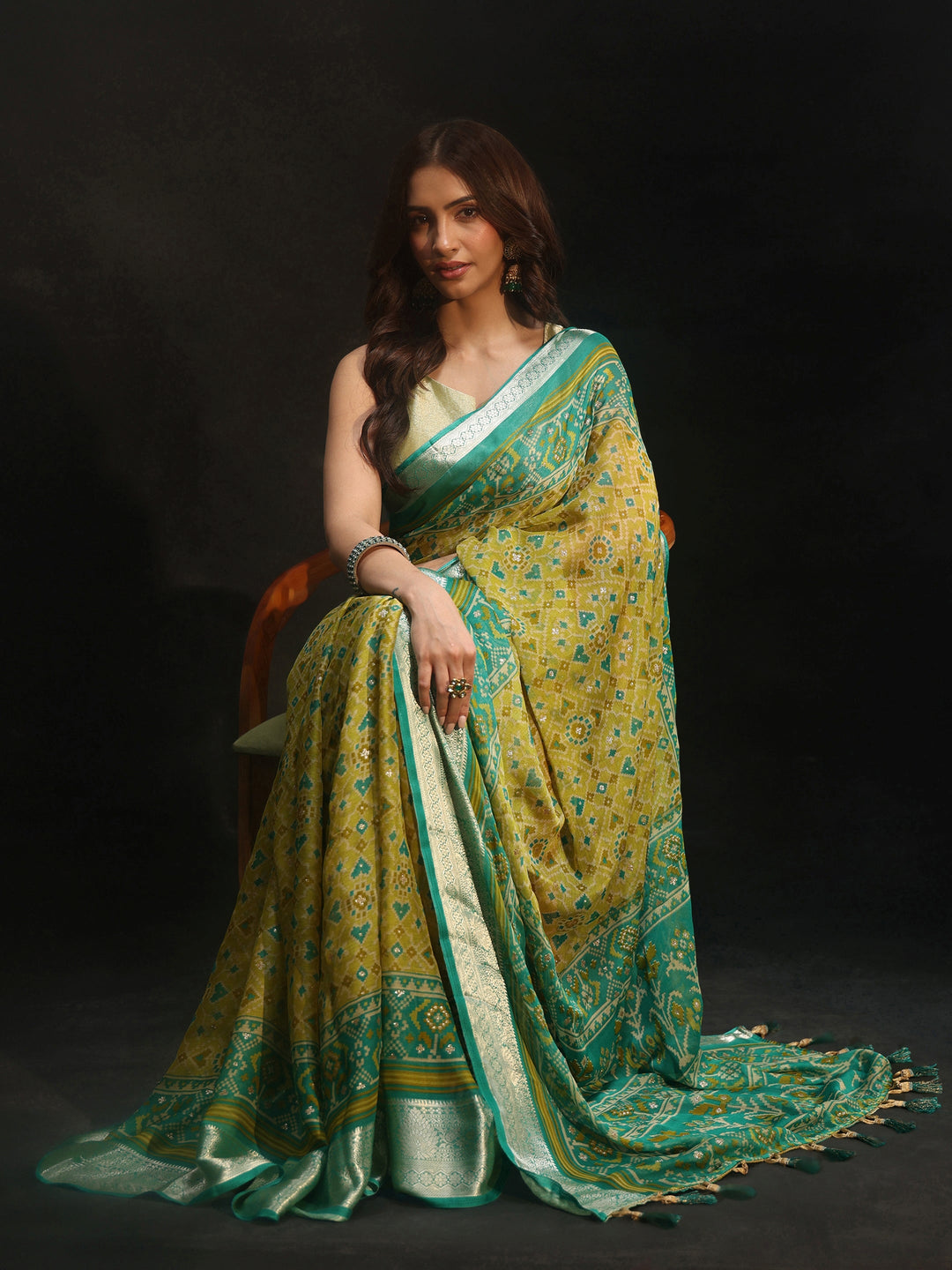Libas Sea Green Patola Printed Chiffon Saree