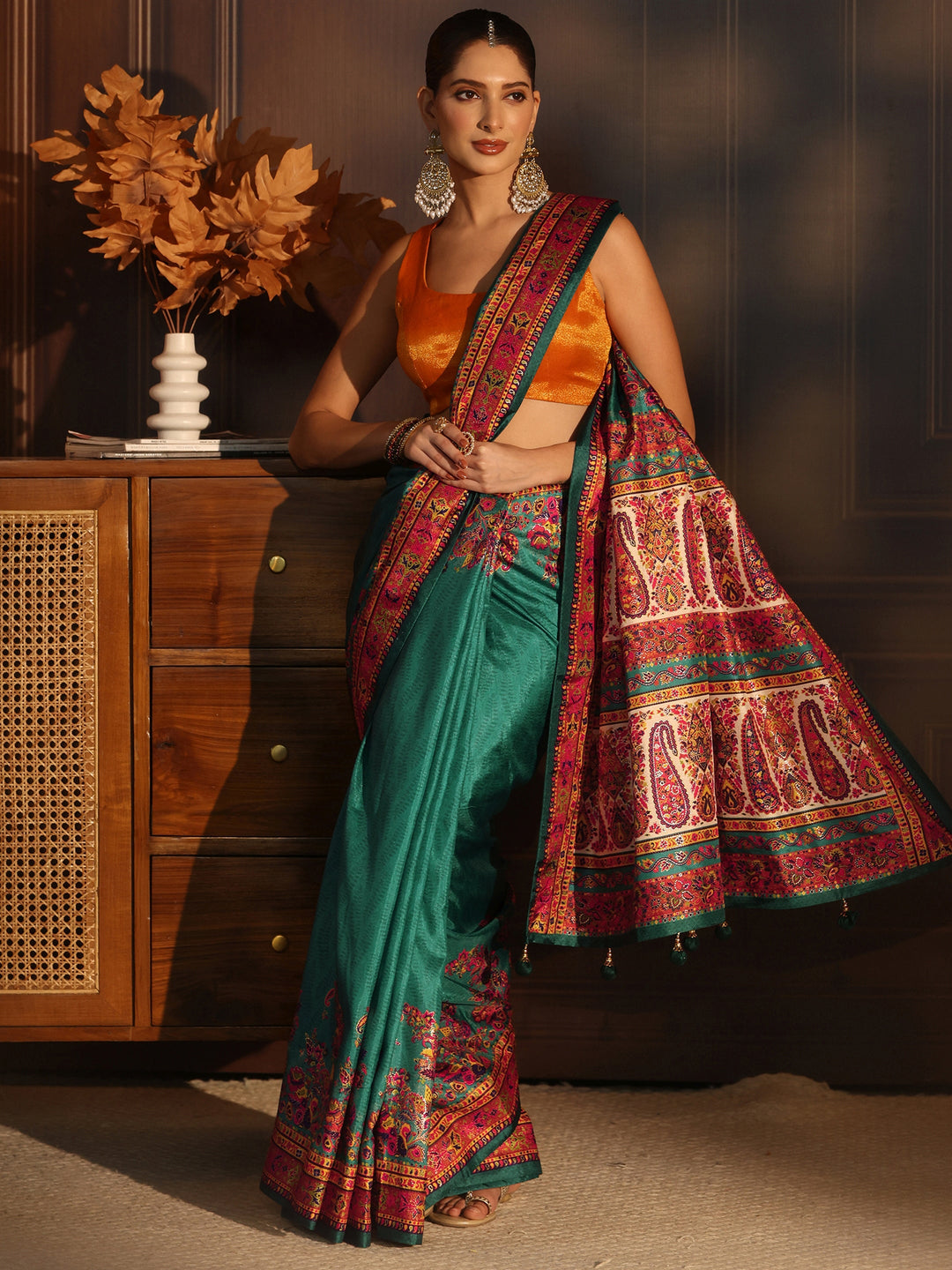 Libas Sea Green Printed Silk Blend Saree with Paisley Pallu