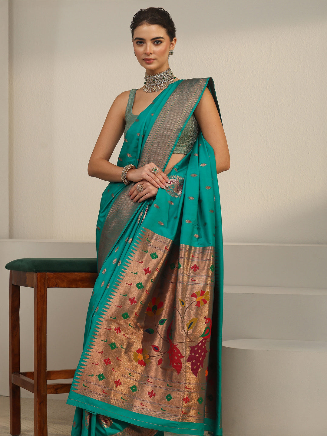 Libas Sea Green Silk Blend Paithani Saree