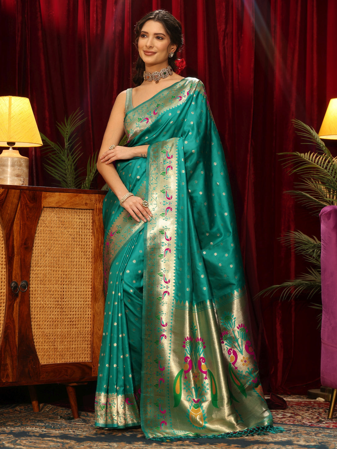 Libas Sea Green Silk Blend Paithani Tassel Saree