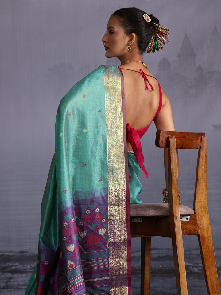 Libas Sea Green Silk Blend Saree with Floral Woven Pallu