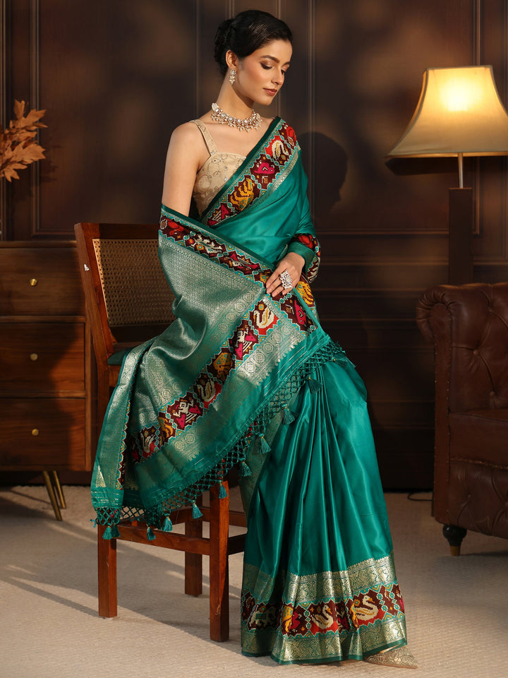 Libas Sea Green Woven Design Satin Saree with Patola Border