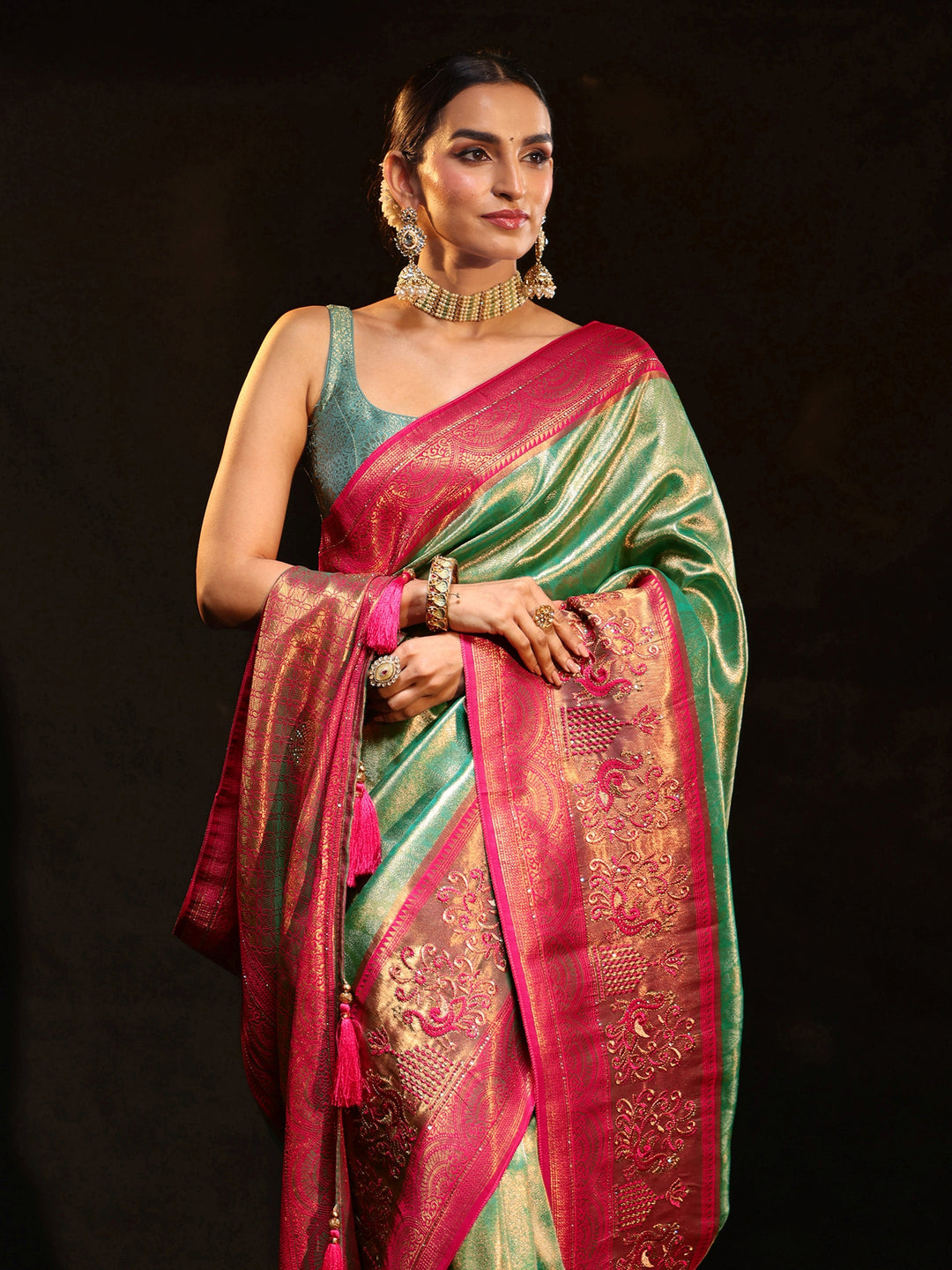 Libas Sea Green Woven Design Silk Blend Saree