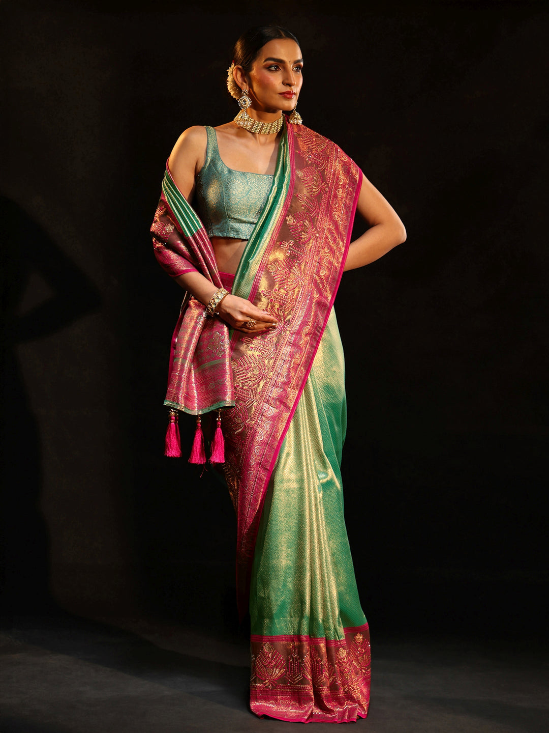 Libas Sea Green Woven Design Silk Blend Saree