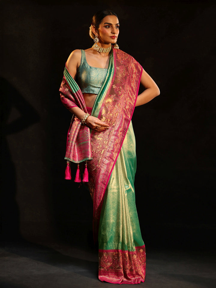 Libas Sea Green Woven Design Silk Blend Saree