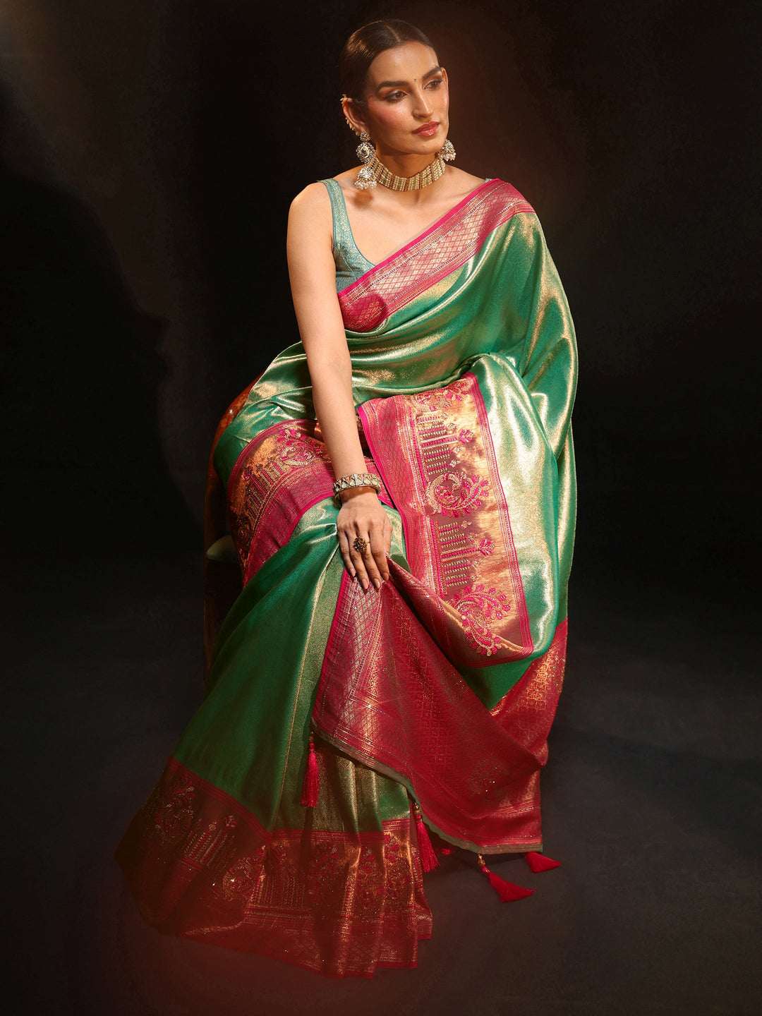 Libas Sea Green Woven Design Silk Blend Saree