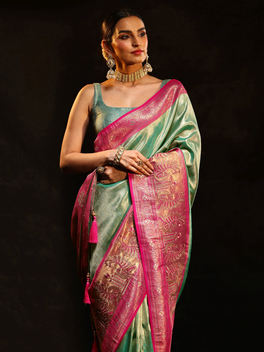 Libas Sea Green Woven Design Silk Blend Saree