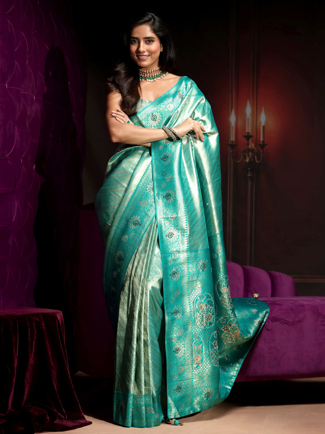 Libas Sea Green Woven Design Silk Blend Saree