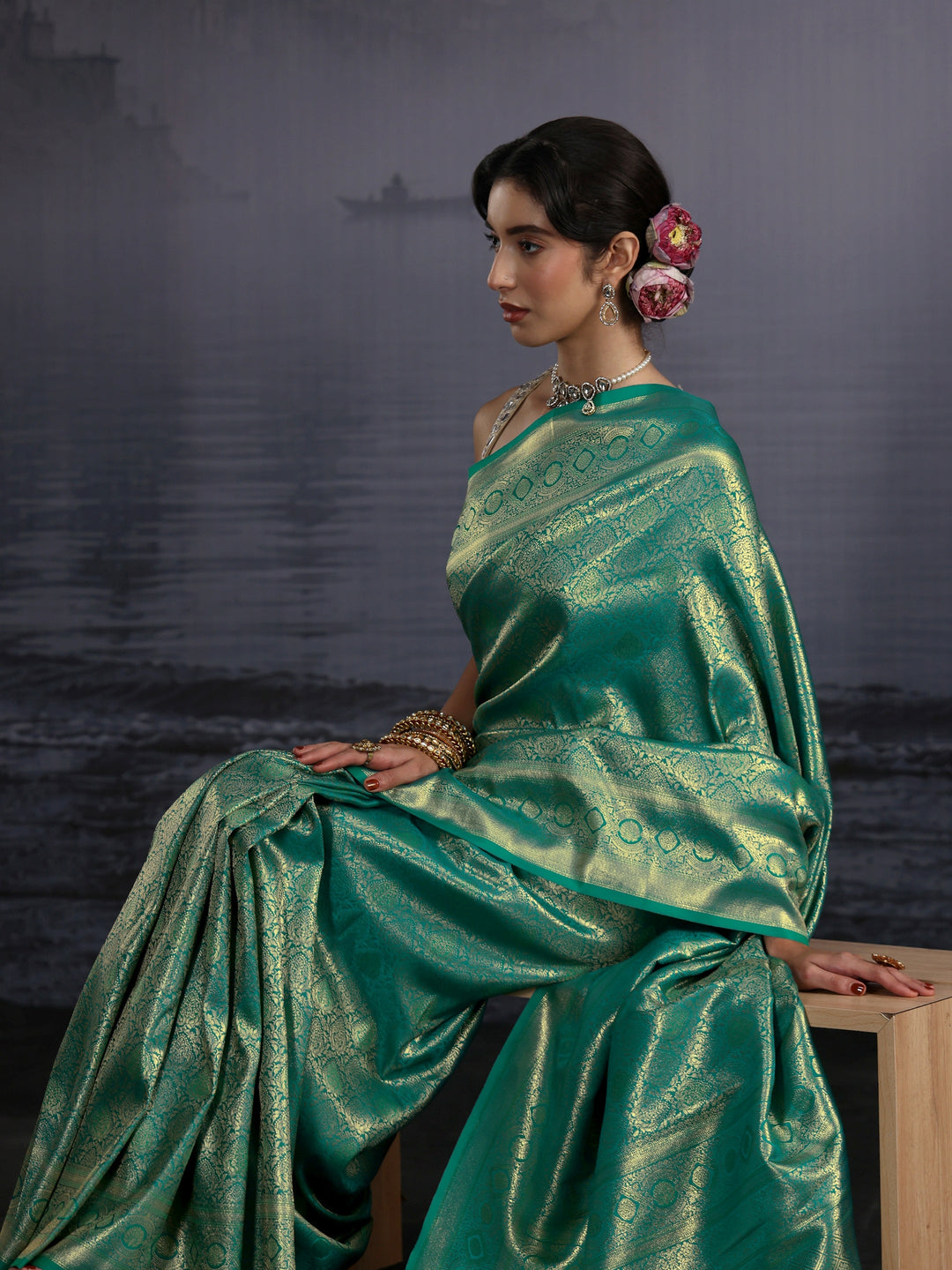 Libas Sea Green Woven Design Silk Blend Saree