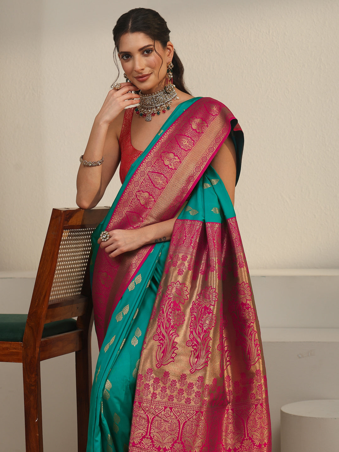 Libas Sea Green and Pink Banarasi Silk Blend Saree