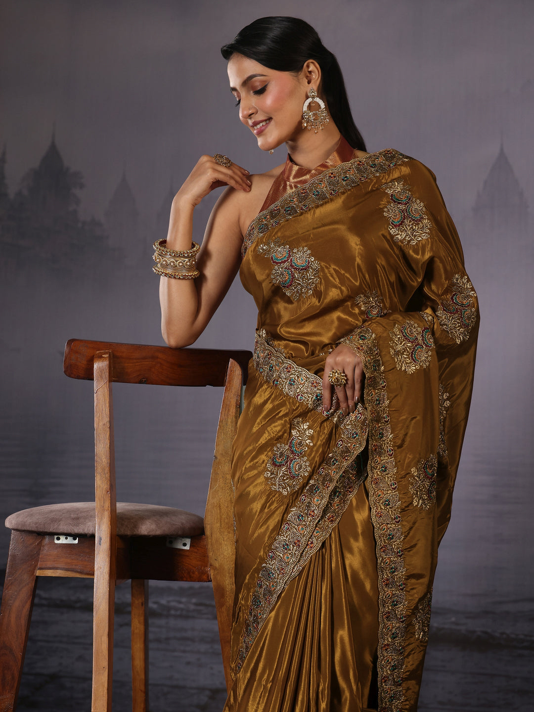 Libas Sepia Brown Floral Embroidered Satin Saree