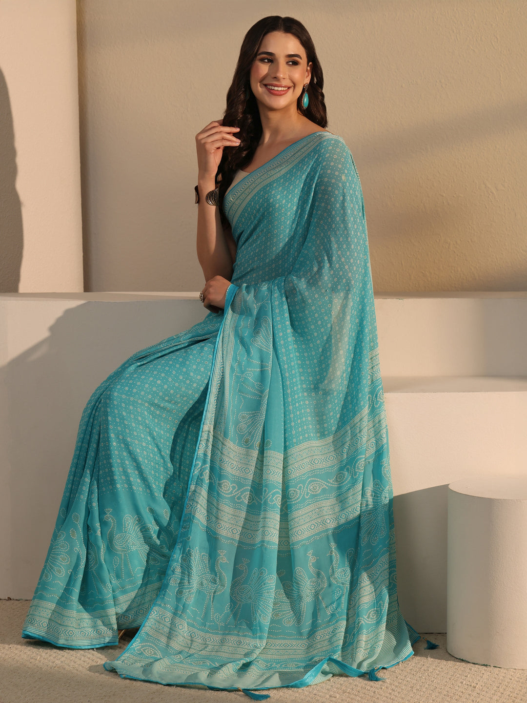 Libas Sky Blue Bandhani Printed Georgette Saree