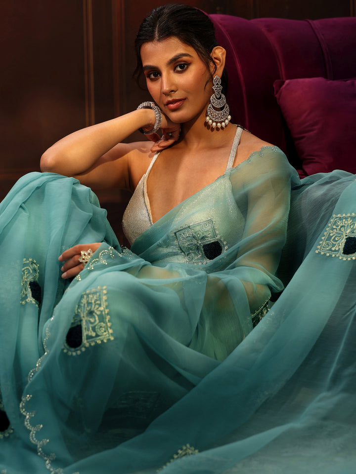 Libas Sky Blue Chiffon Saree with Embroidered  Motifs