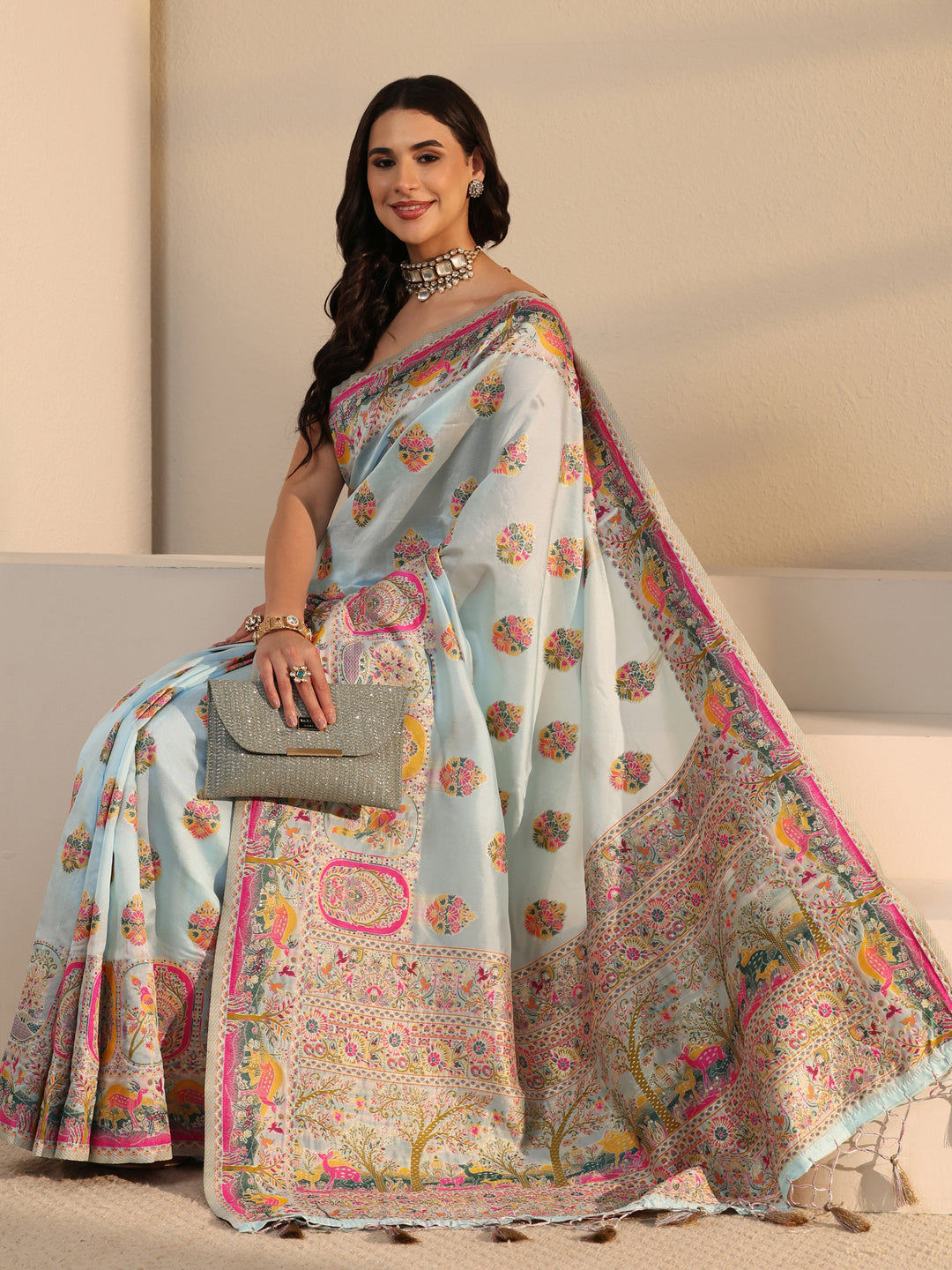 Libas Sky Blue Ethnic Woven Design Silk Blend Tassel Saree