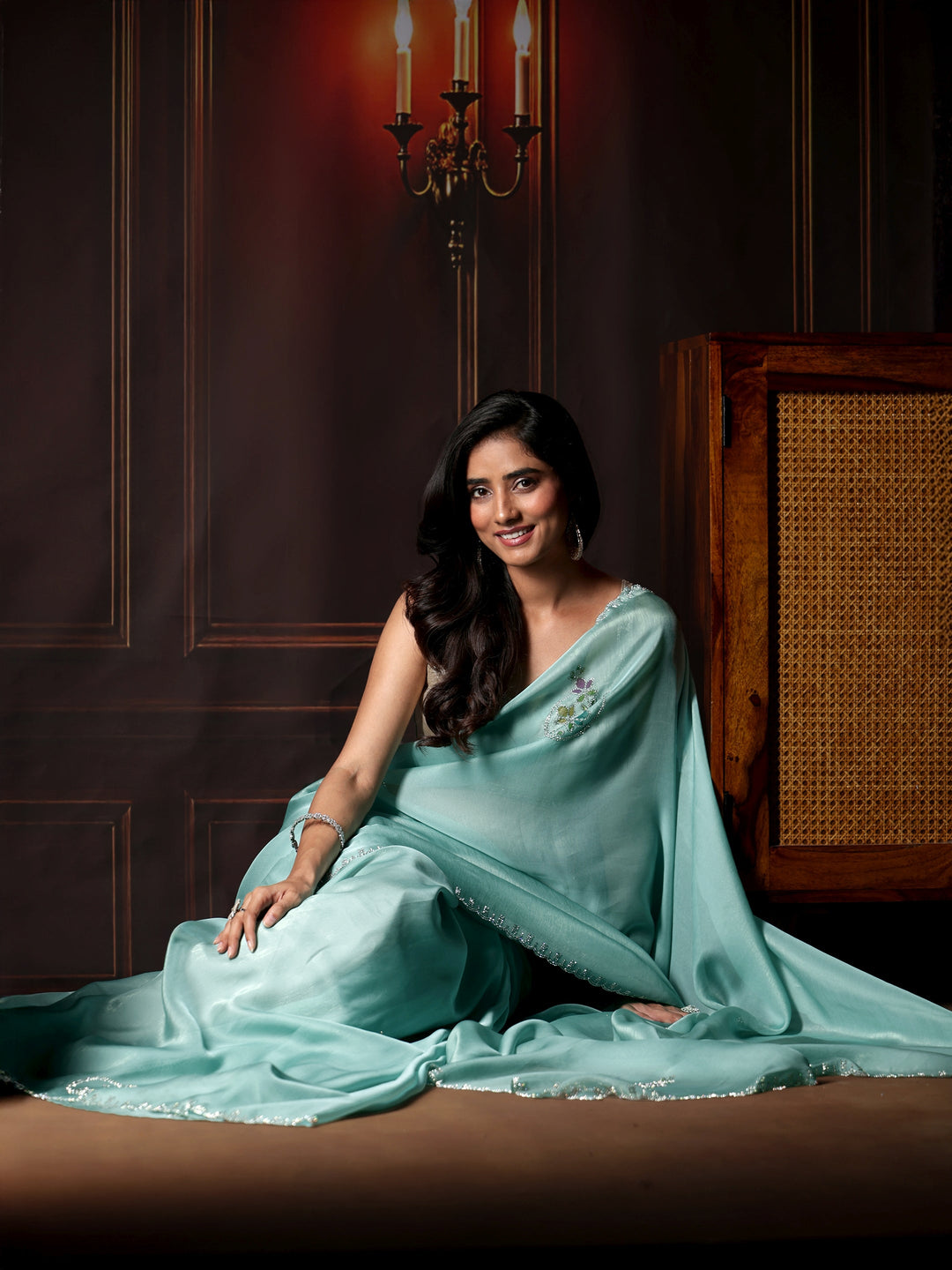 Libas Sky Blue Floral Embellished Tissue Saree