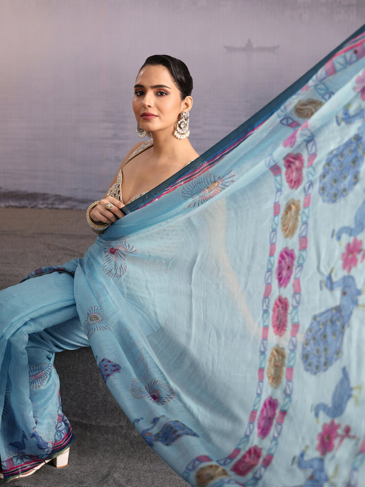 Libas Sky Blue Peacock Printed Silk Blend Tassel Saree
