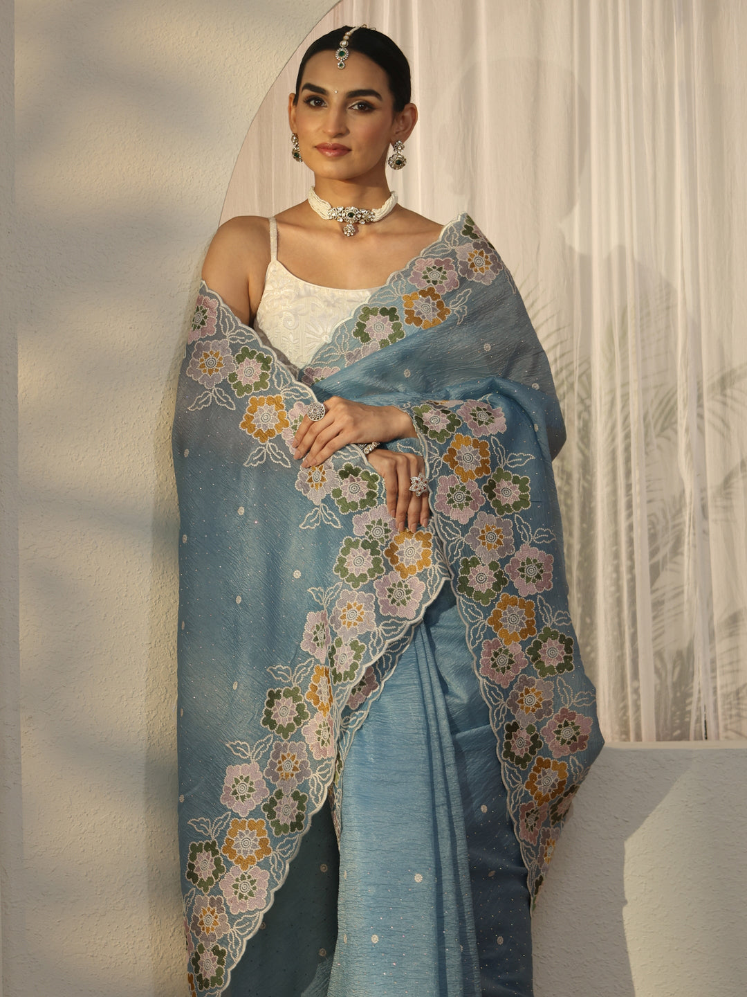 Libas Slate Blue Floral Embroidered Organza Saree