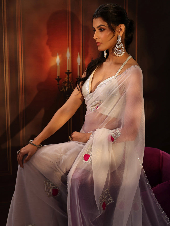 Libas Snow White Chiffon Saree with Embroidered  Motifs