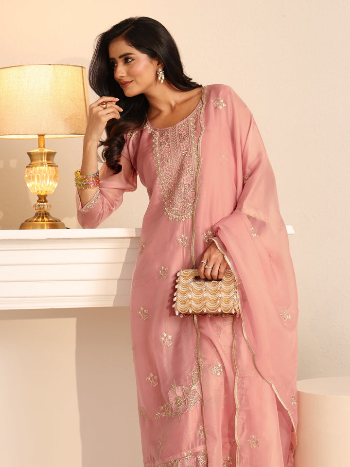Libas Soft Pink Floral Embroidered Organza Straight Suit Set