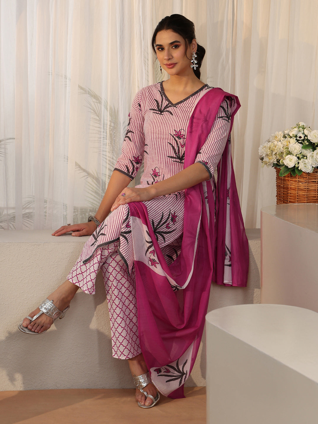 Libas Soft Pink Floral Printed Cotton Straight Suit Set