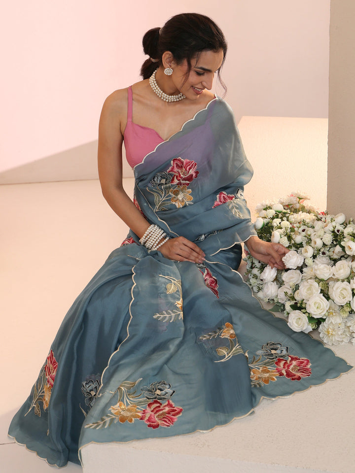 Libas Steel Blue Floral Embroidered Tissue Saree with Scalloped Border