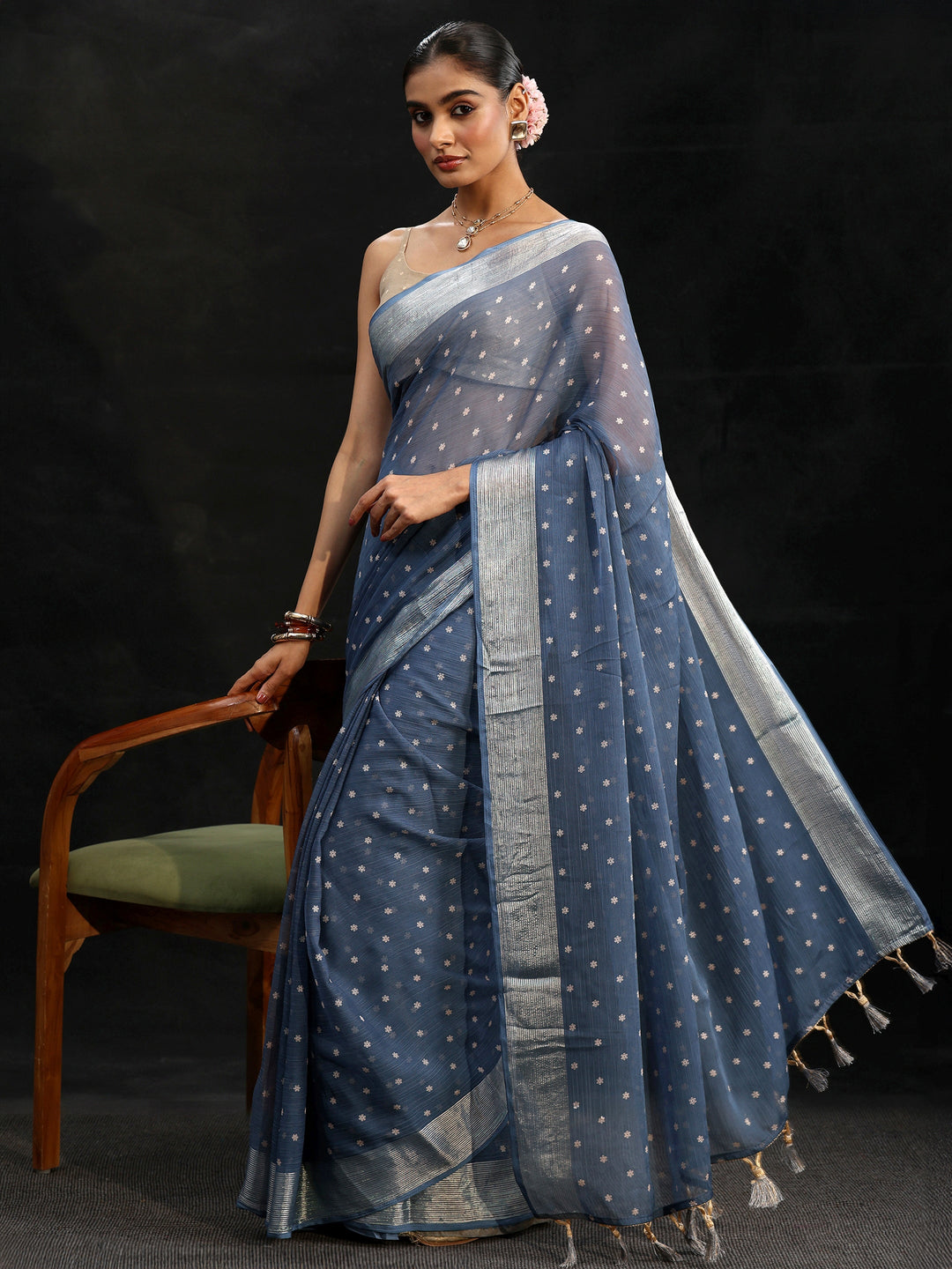 Libas Steel Blue Floral Printed Chiffon Saree