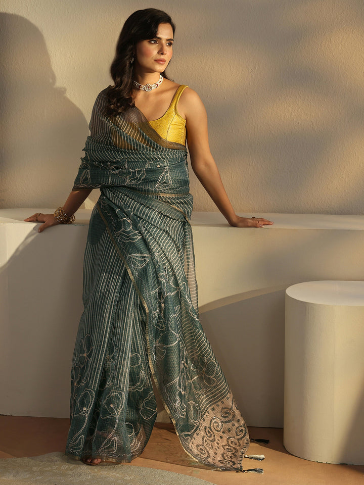 Libas Steel Teal Blue Floral Printed Silk Blend Saree