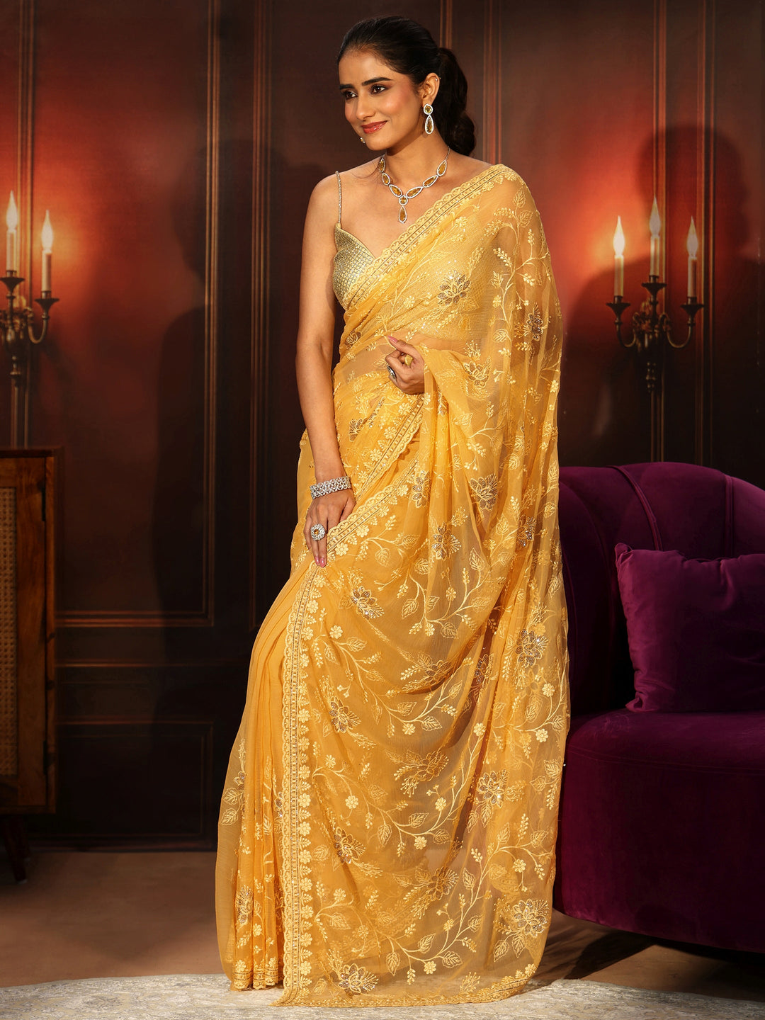 Libas Sunshine Yellow Floral Embroidered Chiffon Saree
