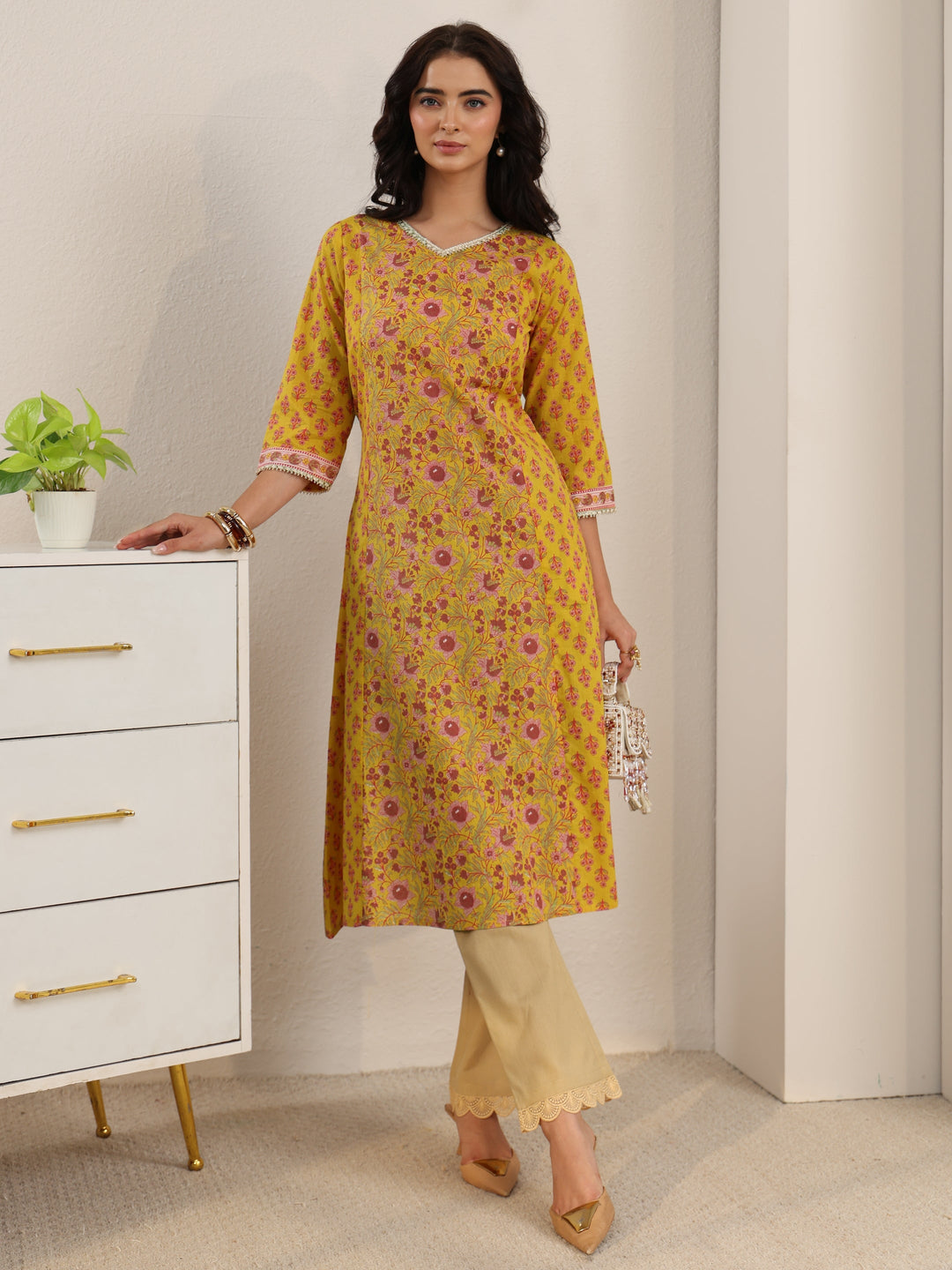 Libas Sunshine Yellow Floral Printed Cotton A-Line Kurta