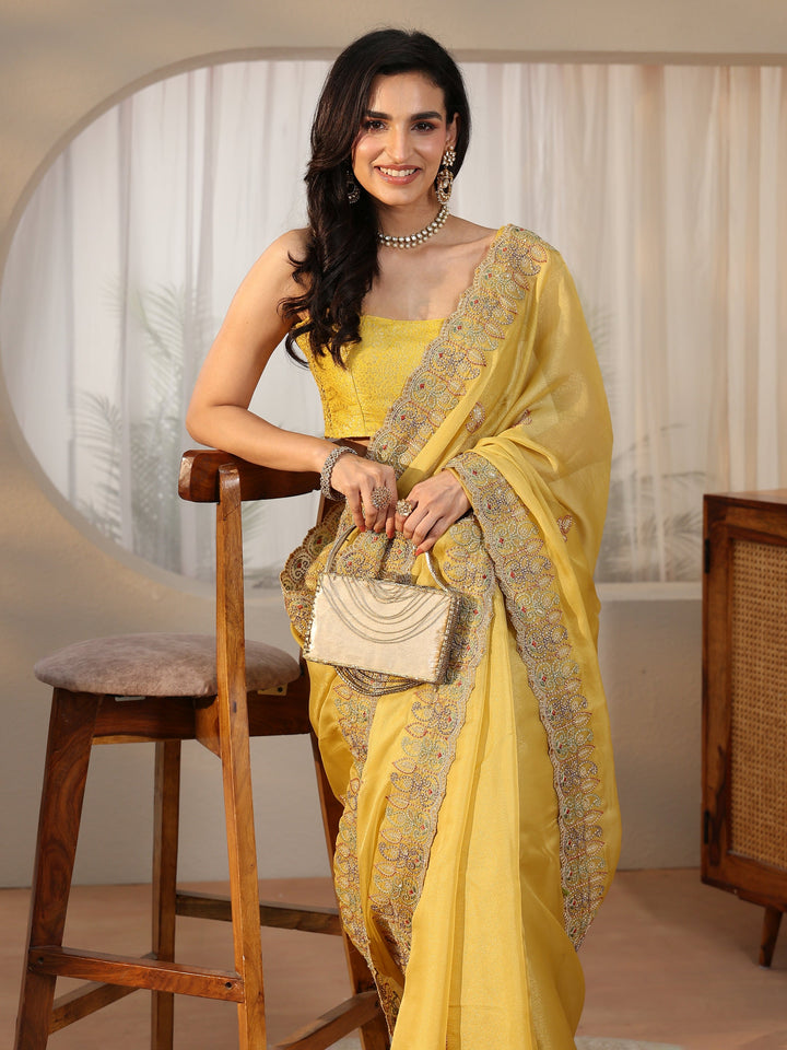 Libas Sunshine Yellow Leafy Embroidered Tissue Saree