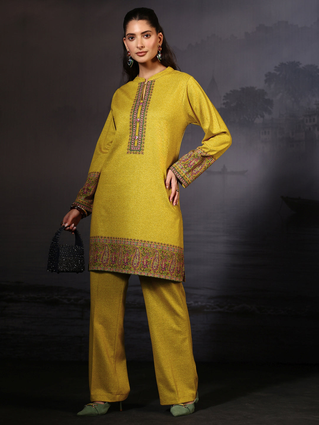 Libas Sunshine Yellow Paisley Printed Woolen Co-Ord Set
